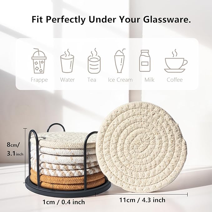Cotton Woven Coasters Set of 8 with Holder - Boho Absorbent Drink Coasters