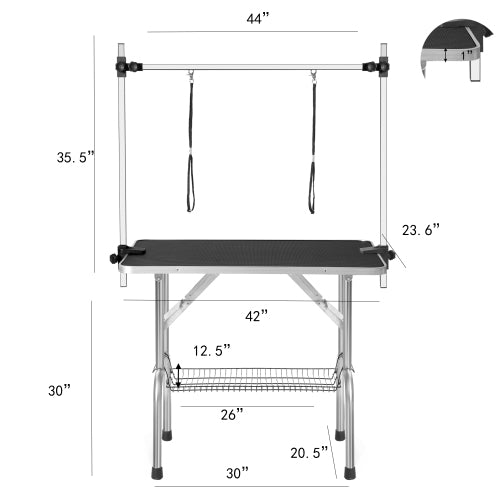 Dog grooming table side view with mesh storage tray