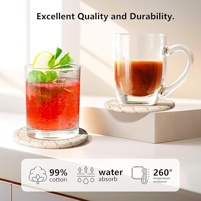 Cotton Woven Coasters Set of 8 with Holder - Boho Absorbent Drink Coasters