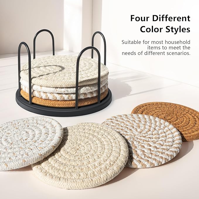 Cotton Woven Coasters Set of 8 with Holder - Boho Absorbent Drink Coasters