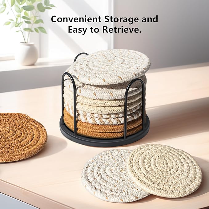 Cotton Woven Coasters Set of 8 with Holder - Boho Absorbent Drink Coasters