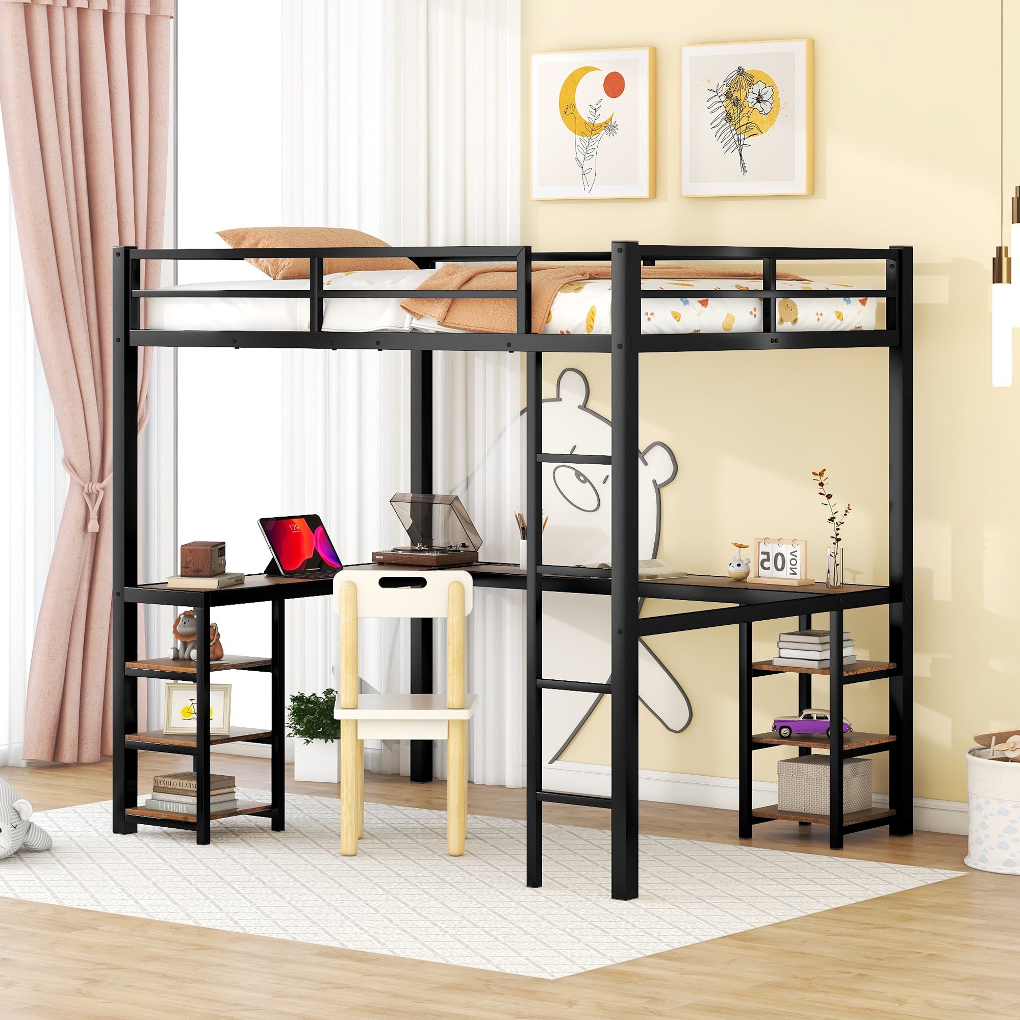 Full Metal Loft Bed with Desk & Shelves - Space-Saving Clearance Sale