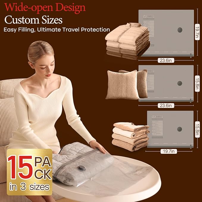 Travel Compression Bags 15-Pack with USB Rechargeable Pump | 3 Sizes, 80% Space Saving, Airtight Double-Zip Seal for Luggage & Storage