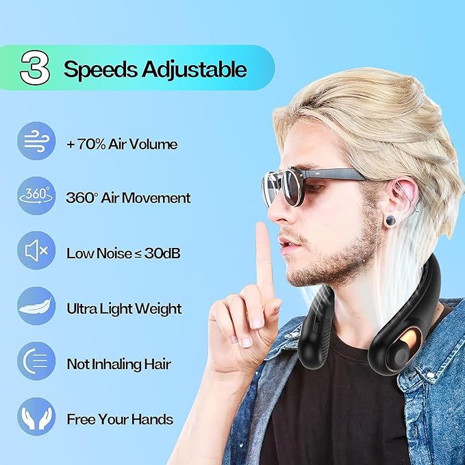 Bladeless Wearable Neck Fan | 4000mAh Battery, 3 Speeds, 360° Hands-Free Cooling | USB Rechargeable Personal Fan for Summer, Black/White/Blue