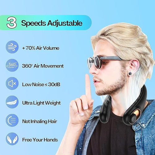 Bladeless Wearable Neck Fan | 4000mAh Battery, 3 Speeds, 360° Hands-Free Cooling | USB Rechargeable Personal Fan for Summer, Black/White/Blue