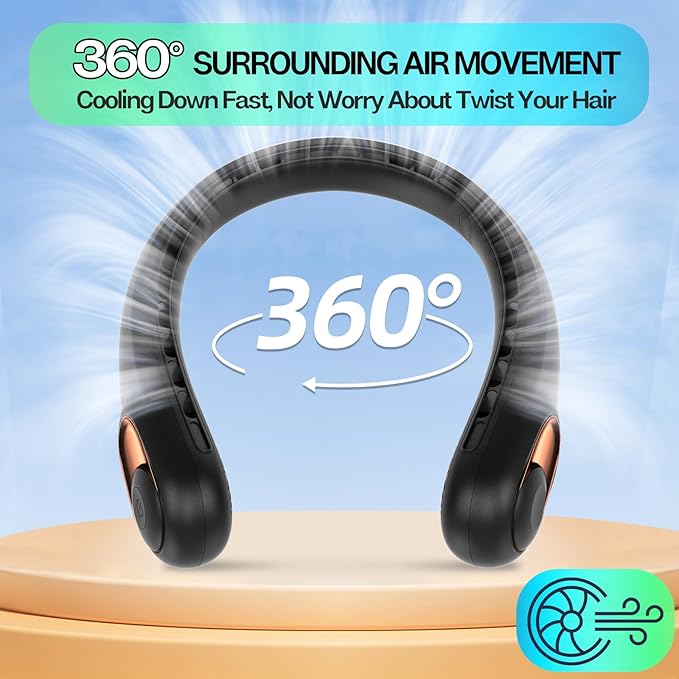 Bladeless Wearable Neck Fan | 4000mAh Battery, 3 Speeds, 360° Hands-Free Cooling | USB Rechargeable Personal Fan for Summer, Black/White/Blue