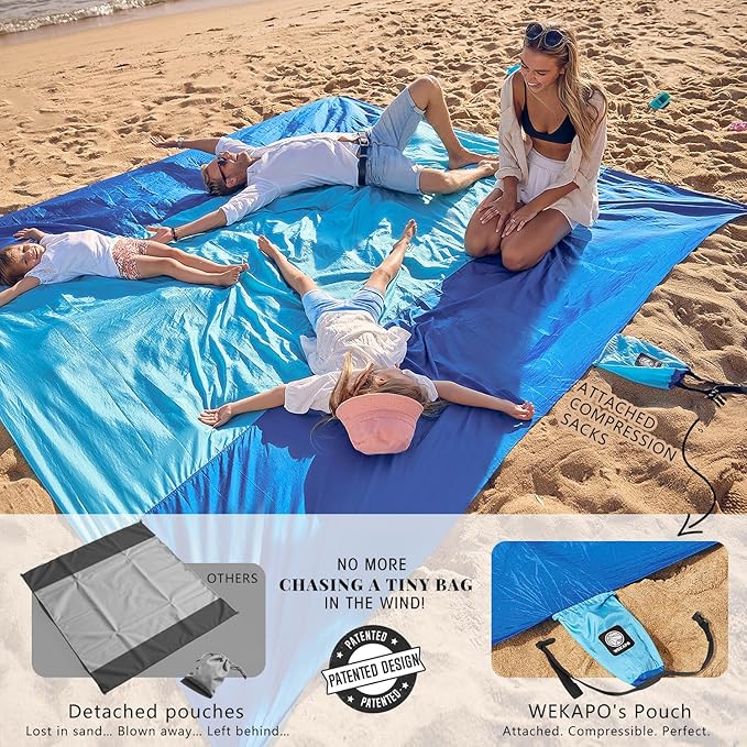 Sandproof Beach Blanket 7x7 FT | Waterproof Ripstop Nylon, Quick-Dry, Compact & Lightweight | Beach Mat with Stakes for 1-3 People, Picnic & Camping