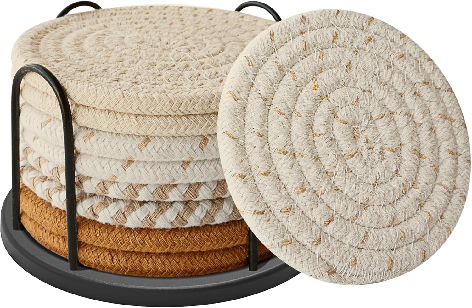 Cotton Woven Coasters Set of 8 with Holder - Boho Absorbent Drink Coasters