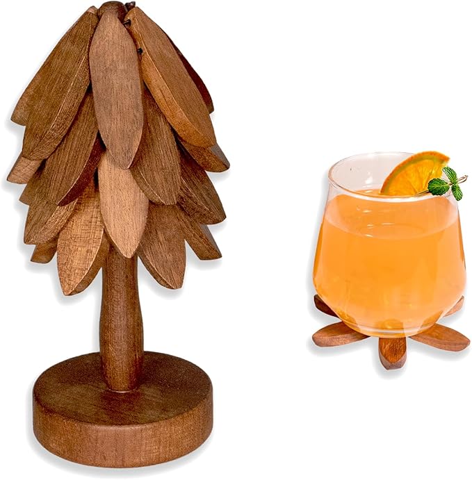 Wooden Tree-Shaped Coasters Set - Natural Sapeli Wood Drink Coasters