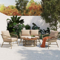 4-Person Boho Outdoor Patio Set | Wicker Conversation Set with Removable Cushions & Acacia Wood Table, Beige