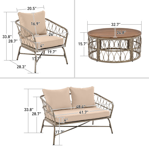 4-Person Boho Outdoor Patio Set | Wicker Conversation Set with Removable Cushions & Acacia Wood Table, Beige