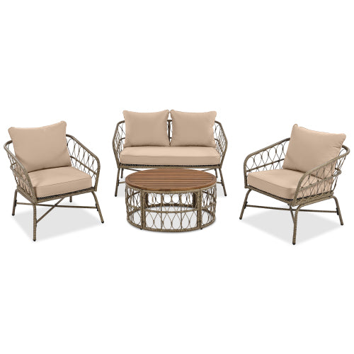 4-Person Boho Outdoor Patio Set | Wicker Conversation Set with Removable Cushions & Acacia Wood Table, Beige