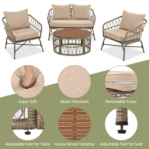 4-Person Boho Outdoor Patio Set | Wicker Conversation Set with Removable Cushions & Acacia Wood Table, Beige