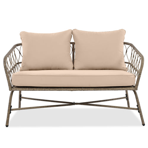 4-Person Boho Outdoor Patio Set | Wicker Conversation Set with Removable Cushions & Acacia Wood Table, Beige