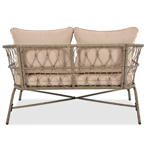 4-Person Boho Outdoor Patio Set | Wicker Conversation Set with Removable Cushions & Acacia Wood Table, Beige