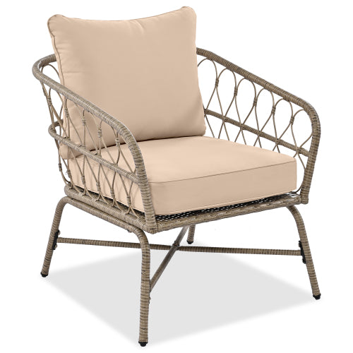 4-Person Boho Outdoor Patio Set | Wicker Conversation Set with Removable Cushions & Acacia Wood Table, Beige
