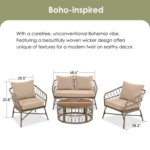 4-Person Boho Outdoor Patio Set | Wicker Conversation Set with Removable Cushions & Acacia Wood Table, Beige