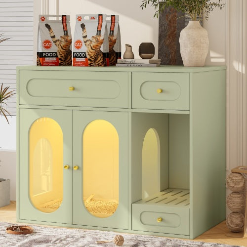 Hidden Cat Litter Box Furniture with LED Light & Storage Drawers | Acrylic Door End Table Cabinet for Living Room, White/Green
