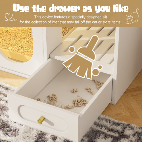 Hidden Cat Litter Box Furniture with LED Light & Storage Drawers | Acrylic Door End Table Cabinet for Living Room, White/Green