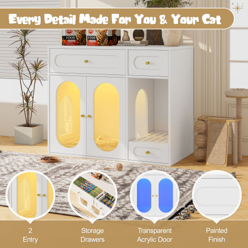 Hidden Cat Litter Box Furniture with LED Light & Storage Drawers | Acrylic Door End Table Cabinet for Living Room, White/Green