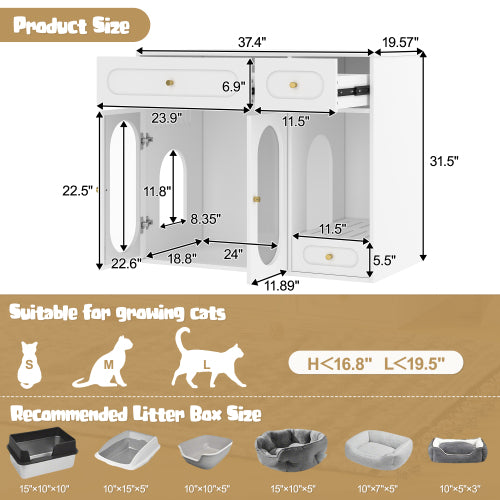 Hidden Cat Litter Box Furniture with LED Light & Storage Drawers | Acrylic Door End Table Cabinet for Living Room, White/Green