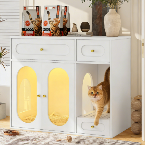 Hidden Cat Litter Box Furniture with LED Light & Storage Drawers | Acrylic Door End Table Cabinet for Living Room, White/Green
