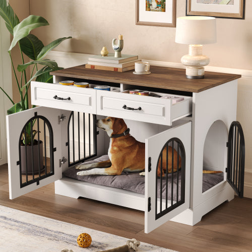 43.3" Dog Crate Furniture with 2 Storage Drawers | Heavy Duty Indoor Dog Kennel & End Table