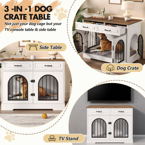 43.3" Dog Crate Furniture with 2 Storage Drawers | Heavy Duty Indoor Dog Kennel & End Table