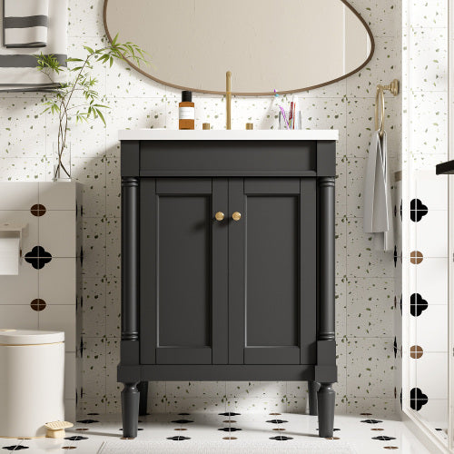 24" Bathroom Vanity with Ceramic Sink | 2-Tier Modern Storage Cabinet with Solid Wood & MDF, Single Sink Vanity for Bathroom, Black