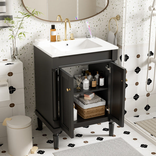 24" Bathroom Vanity with Ceramic Sink | 2-Tier Modern Storage Cabinet with Solid Wood & MDF, Single Sink Vanity for Bathroom, Black