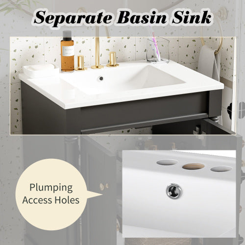 24" Bathroom Vanity with Ceramic Sink | 2-Tier Modern Storage Cabinet with Solid Wood & MDF, Single Sink Vanity for Bathroom, Black
