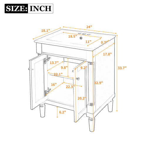 24" Bathroom Vanity with Ceramic Sink | 2-Tier Modern Storage Cabinet with Solid Wood & MDF, Single Sink Vanity for Bathroom, Black