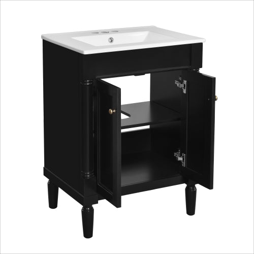 24" Bathroom Vanity with Ceramic Sink | 2-Tier Modern Storage Cabinet with Solid Wood & MDF, Single Sink Vanity for Bathroom, Black