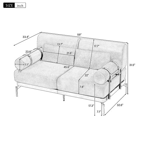 59" Modern Loveseat Sofa with USB Ports & Cylindrical Armrests | 2-Seater Couch for Living Room, Beige