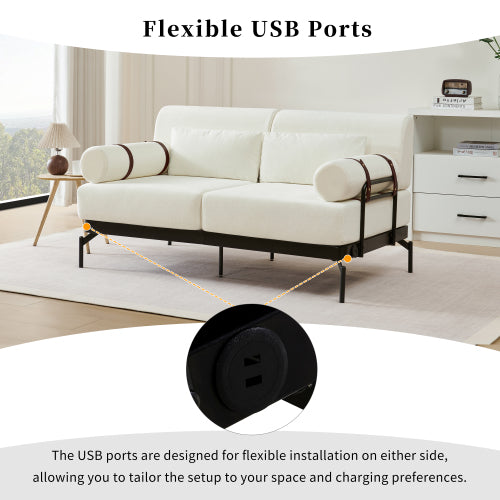 59" Modern Loveseat Sofa with USB Ports & Cylindrical Armrests | 2-Seater Couch for Living Room, Beige