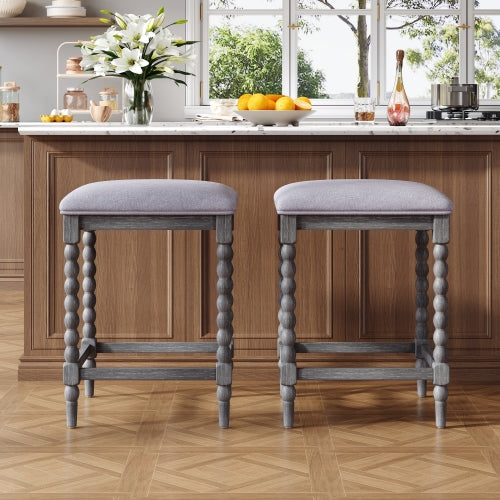 26" Gray Counter Stools Set of 2 | Upholstered Bar Stools with Solid Acacia Wood Frame