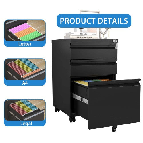 3-Drawer Mobile Filing Cabinet with Lock - Under Desk Storage for Home Office