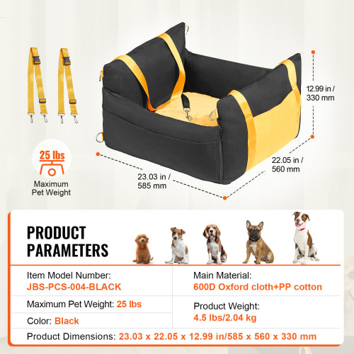 Happy dog sitting in black booster car seat with yellow straps