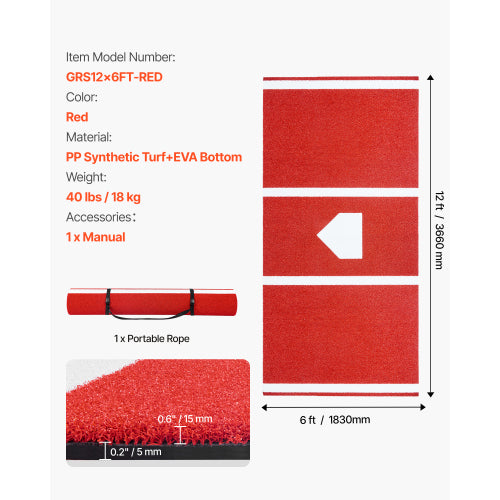 12x6 FT Batting Mat Specifications GRS12x6FT-RED PP Synthetic Turf EVA Bottom 40 lbs Dimensions