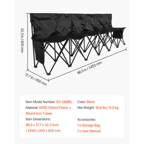 6-Seat Portable Folding Bench Additional Detail View Black