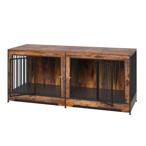 75" Double Dog Crate Furniture | Indoor Wooden Dog Kennel for 2 Dogs with Divider & Tray