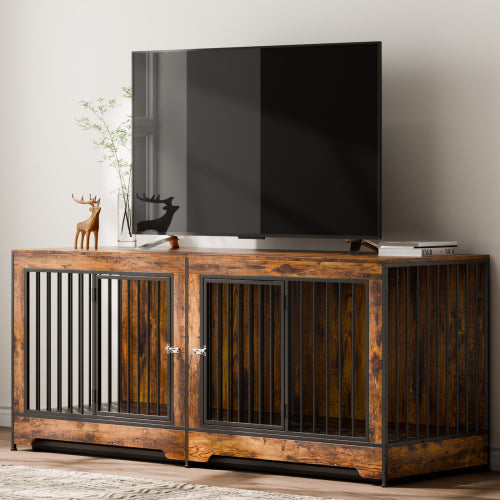 75" Double Dog Crate Furniture | Indoor Wooden Dog Kennel for 2 Dogs with Divider & Tray