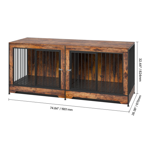 75" Double Dog Crate Furniture | Indoor Wooden Dog Kennel for 2 Dogs with Divider & Tray