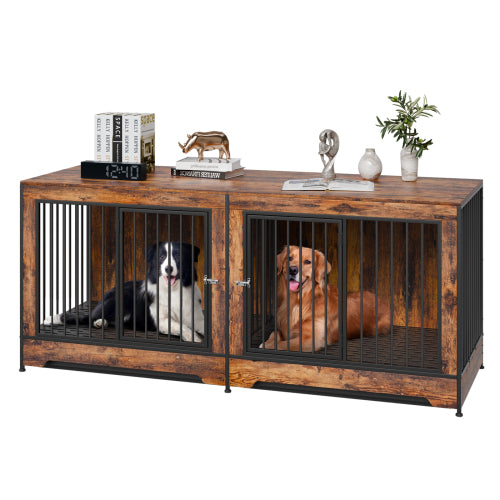 75" Double Dog Crate Furniture | Indoor Wooden Dog Kennel for 2 Dogs with Divider & Tray
