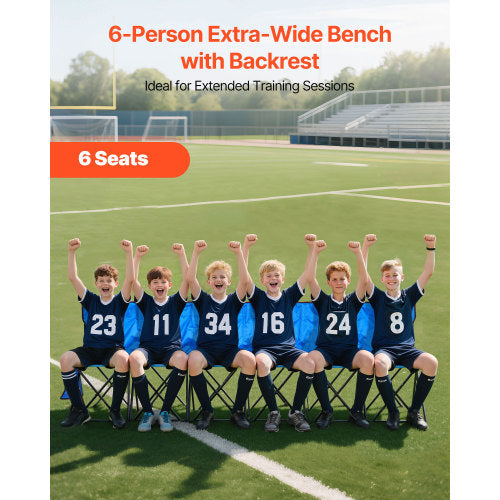 6-Person Extra-Wide Bench with Backrest - 6 Players Celebrating on Soccer Field Ideal for Extended Training Sessions