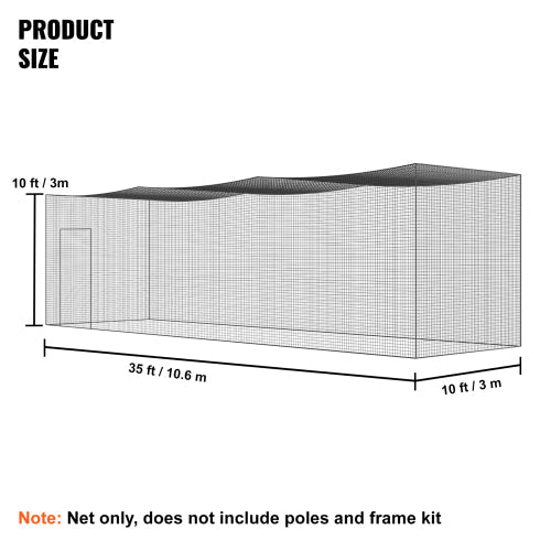 Baseball Batting Cage Net - Product Size 35x10x10 FT Dimensions