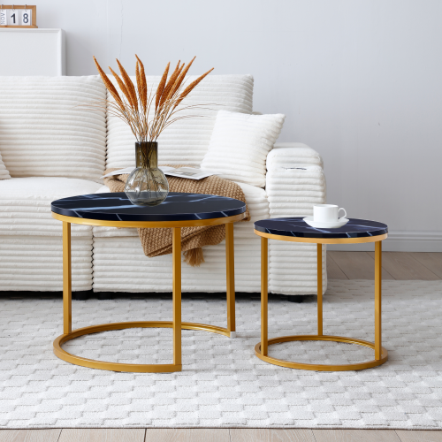 Black Marble-Look Nesting Tables, Set of 2 – Gold Metal Frames