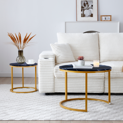 Black Marble-Look Nesting Tables, Set of 2 – Gold Metal Frames