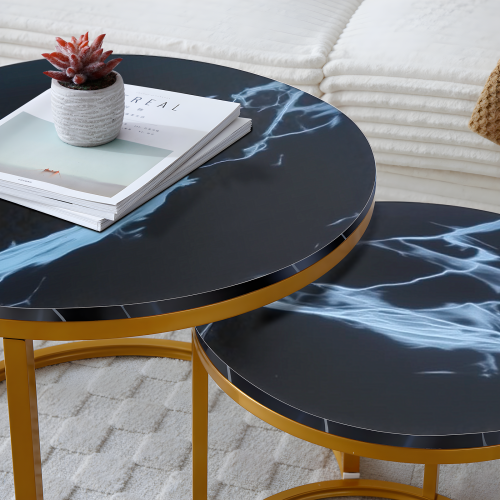 Black Marble-Look Nesting Tables, Set of 2 – Gold Metal Frames
