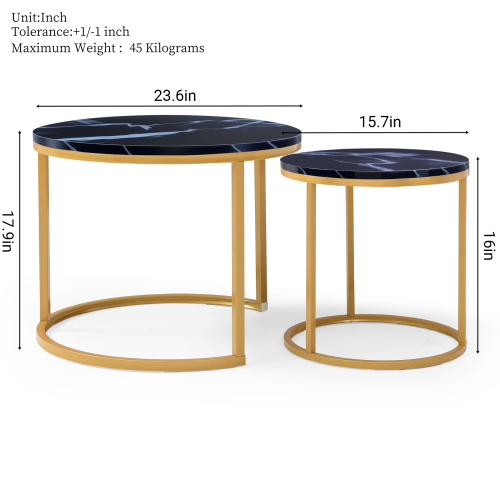 Large table 23.6 inches diameter by 17.9 inches high; small table 15.7 inches diameter by 16 inches high